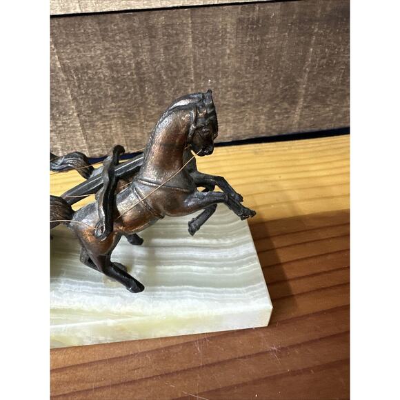 Vintage Gladiator Roman Warrior With Chariot And Horses Copper Metal On Marble - Picture 8 of 10